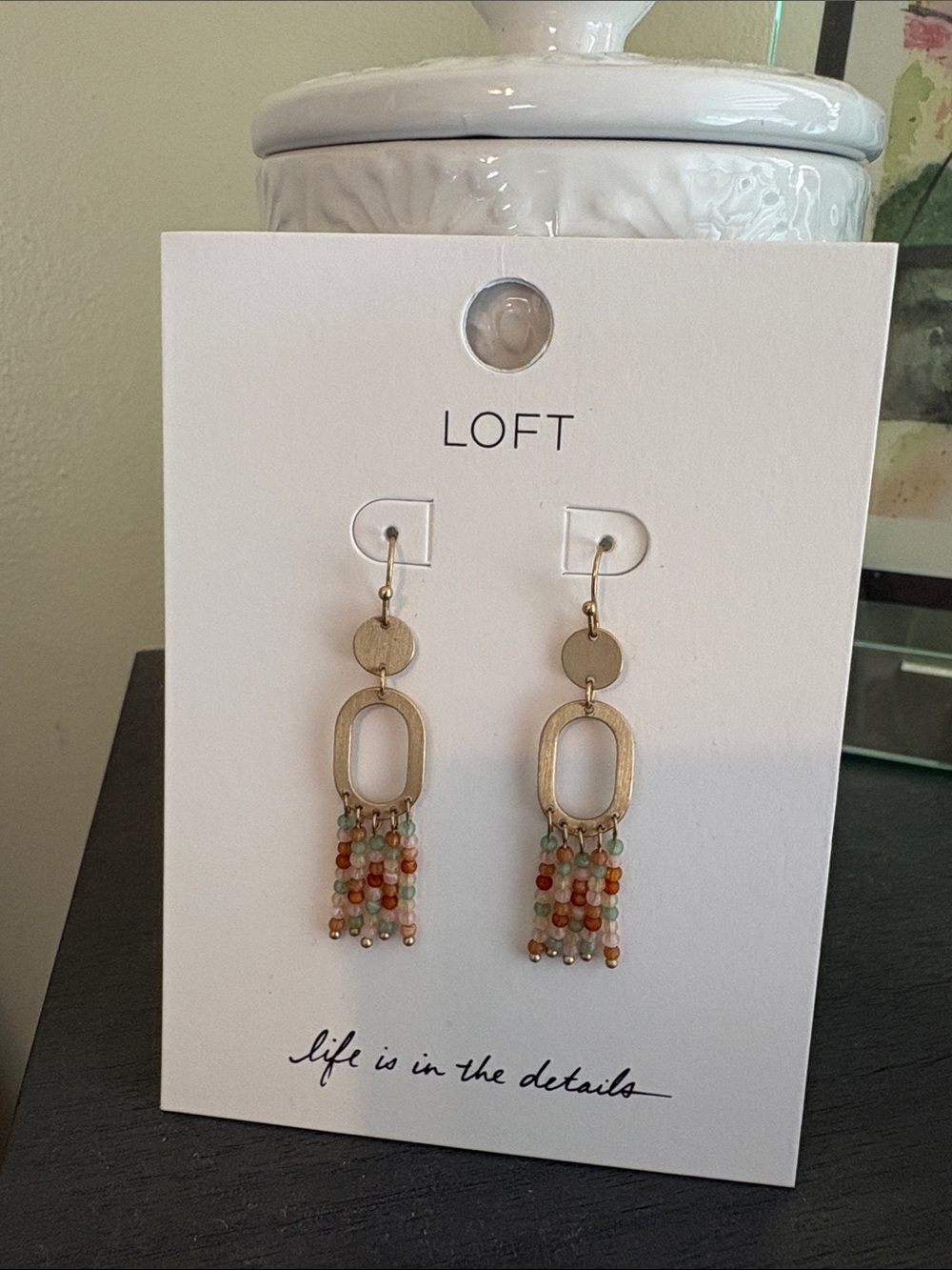 LOFT Gold Tone Dangle Earrings with Multicolor Bead Fringe